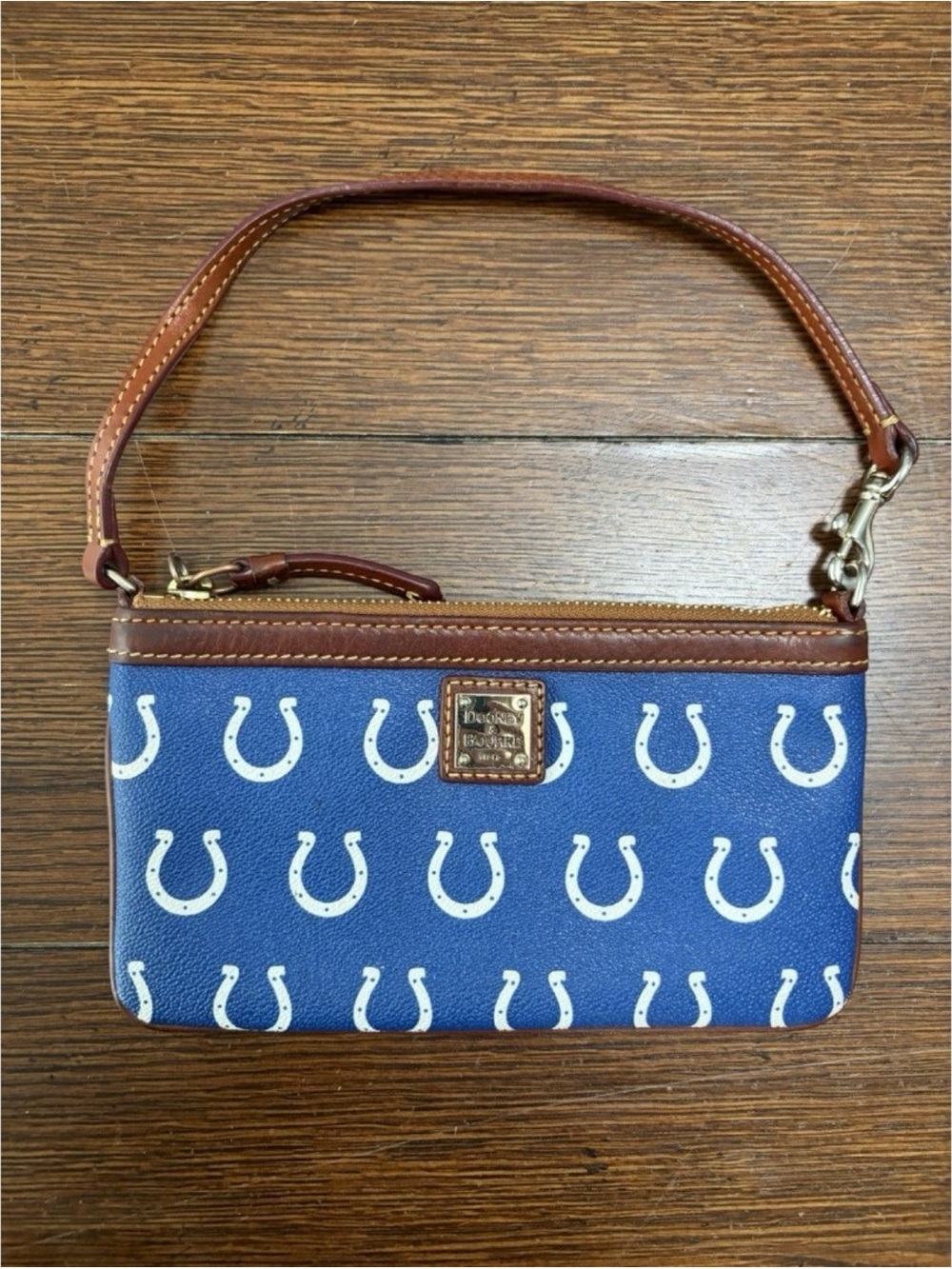 Dooney & Bourke Blue Horseshoe Print Wristlet with Brown Trim